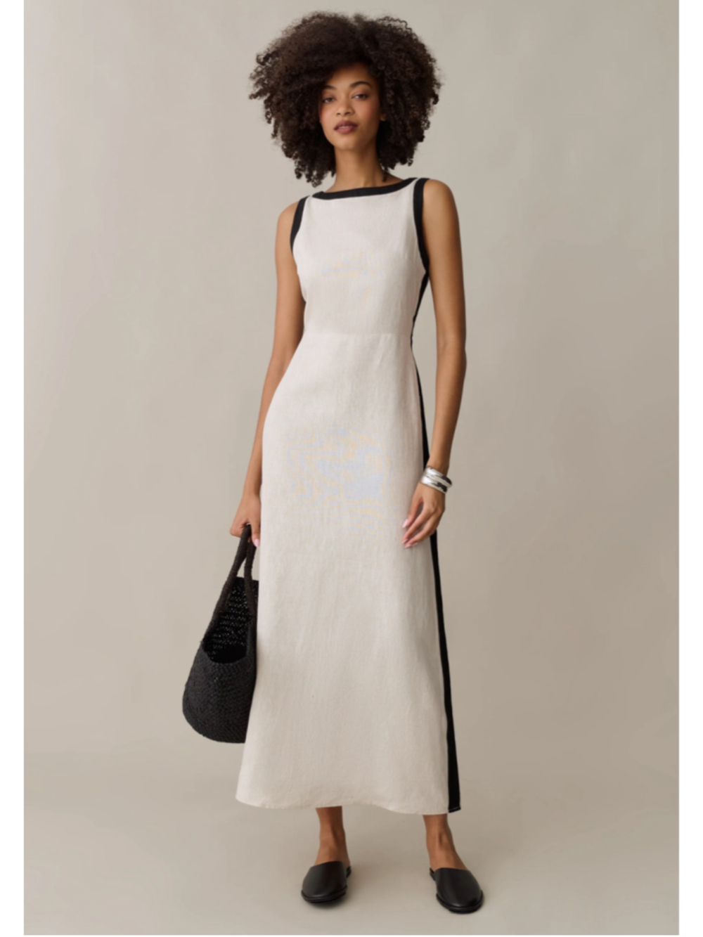 Women's o.p.t Claudette Linen Midi Dress Beige Black Sleeveless Size 2